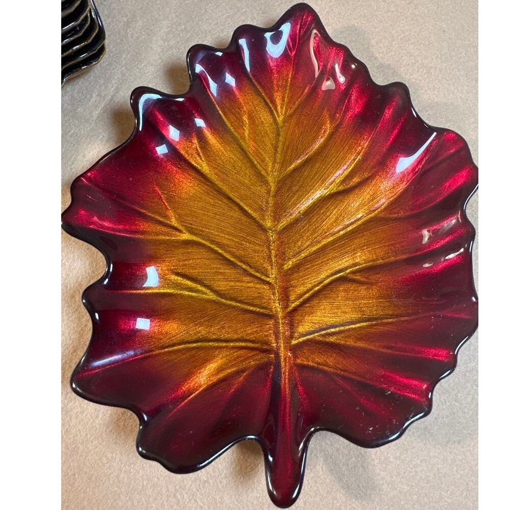 Vintage handcrafted Arda Glassware autumn leaf serving dish from Turkey set of 9